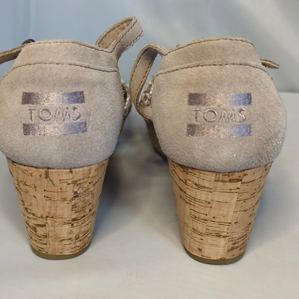 TOMS Stucco Satin Woven Cork Wedge Open Toe Sandals Size 9.5